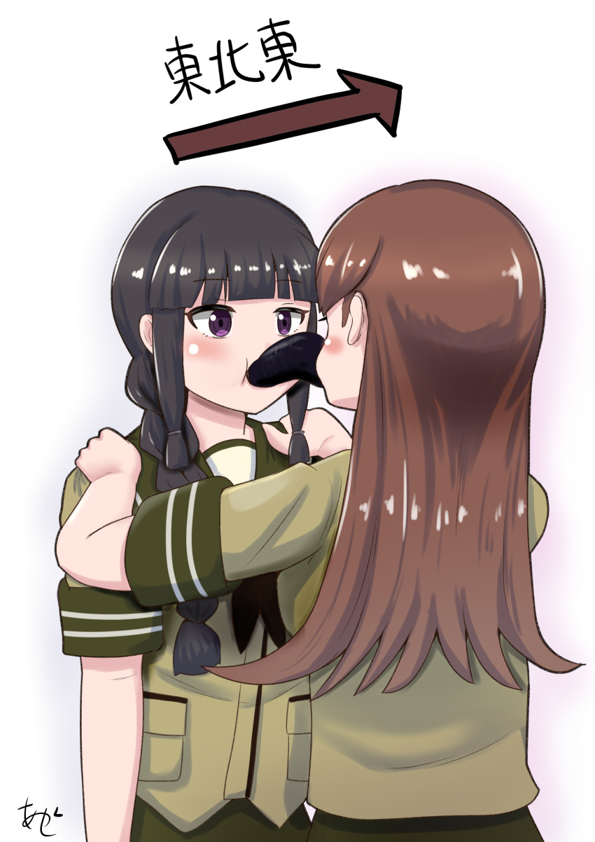 2girls akashieru arrow_(symbol) black_eyes black_hair black_neckerchief blunt_bangs braid brown_eyes brown_hair ehoumaki eye_contact food green_sailor_collar green_serafuku green_shirt hair_over_shoulder highres kantai_collection kitakami_(kancolle) long_hair looking_at_another makizushi multiple_girls neckerchief ooi_(kancolle) sailor_collar school_uniform serafuku shirt short_sleeves simple_background single_braid sushi upper_body white_background