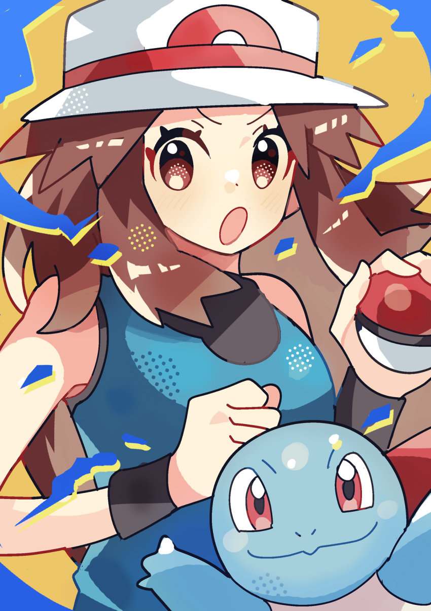 1girl :o anidler91 bare_shoulders black_wristband blue_shirt brown_eyes brown_hair hat highres holding holding_poke_ball leaf_(pokemon) long_hair looking_at_viewer open_mouth poke_ball poke_ball_(basic) pokemon pokemon_(creature) pokemon_frlg shirt sleeveless sleeveless_shirt squirtle upper_body white_headwear wristband