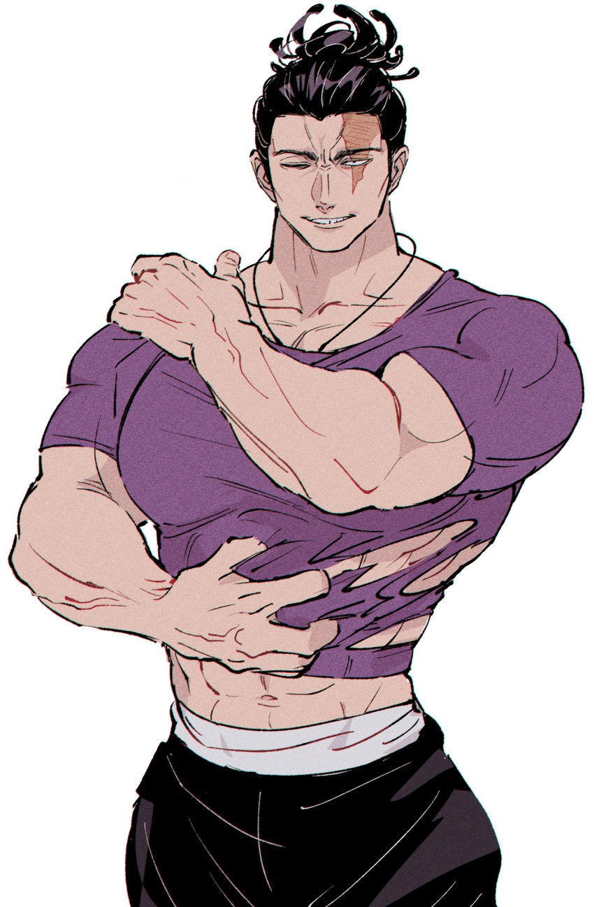 1boy abs bara black_hair cowboy_shot highres jujutsu_kaisen looking_at_viewer male_focus midriff mohimohinosiri muscular muscular_male navel scar scar_across_eye seductive_smile short_hair sideburns smile solo tearing_clothes torn_clothes toudou_aoi_(jujutsu_kaisen) veins veiny_hands