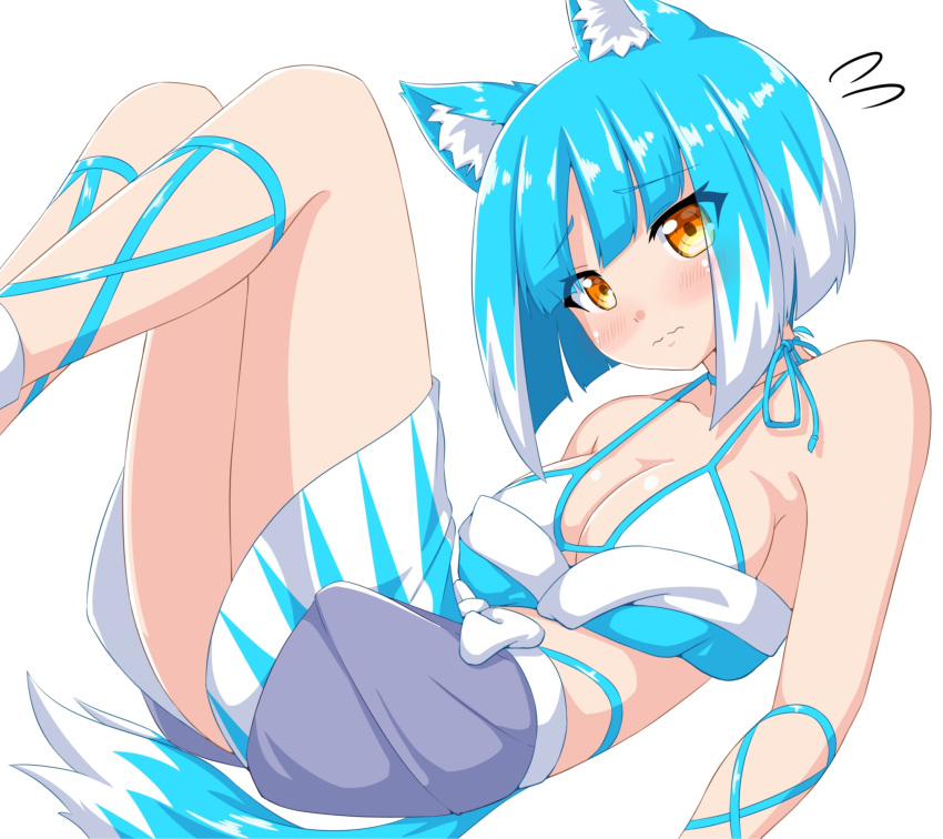 animal_ear_fluff animal_ears arm_support asagi_(bombergirl) bikini blue_bikini blue_hair blue_sarong blue_tail blush bob_cut bombergirl breasts cleavage clothes_around_waist eyes_visible_through_hair flying_sweatdrops halterneck highleg highleg_bikini highres jacket jacket_around_waist legs_up multicolored_bikini multicolored_clothes multicolored_hair multicolored_tail oppai_loli print_sarong reclining sakuramai_(sakuramai_0525) sarong short_hair string_bikini swimsuit tail two-tone_hair two-tone_tail wavy_mouth white_bikini white_hair white_sarong white_tail wolf_ears wolf_girl wolf_tail yellow_eyes