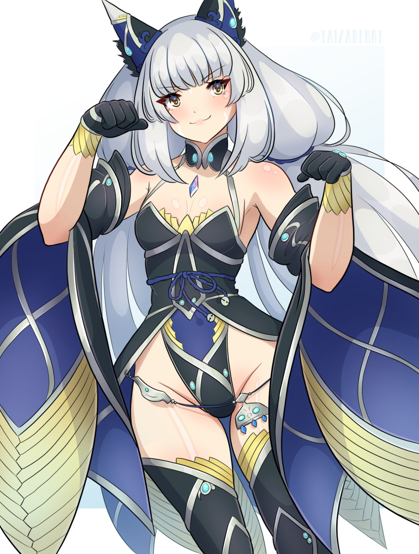 &gt;:) 1girl animal_ear_fluff animal_ears black_gloves black_leotard black_sleeves black_thighhighs brown_eyes closed_mouth commentary_request detached_sleeves gloves grey_hair groin hands_up highres leotard long_hair long_sleeves looking_at_viewer low_twintails nia_(blade)_(xenoblade) nia_(xenoblade) paw_pose smile solo thighhighs twintails twitter_username v-shaped_eyebrows very_long_hair white_background wide_sleeves xenoblade_chronicles_(series) xenoblade_chronicles_2 yaizaberry