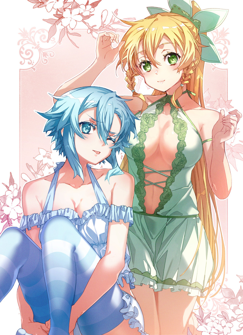 2girls absurdres bare_shoulders blonde_hair blue_eyes blue_hair blue_pajamas blue_thighhighs green_eyes green_pajamas high_ponytail highres leafa long_hair looking_at_viewer multiple_girls no_bra one_eye_closed pajamas ponytail revealing_clothes short_hair short_hair_with_long_locks sinon smile sword_art_online thighhighs tongue tongue_out yoru_kiri