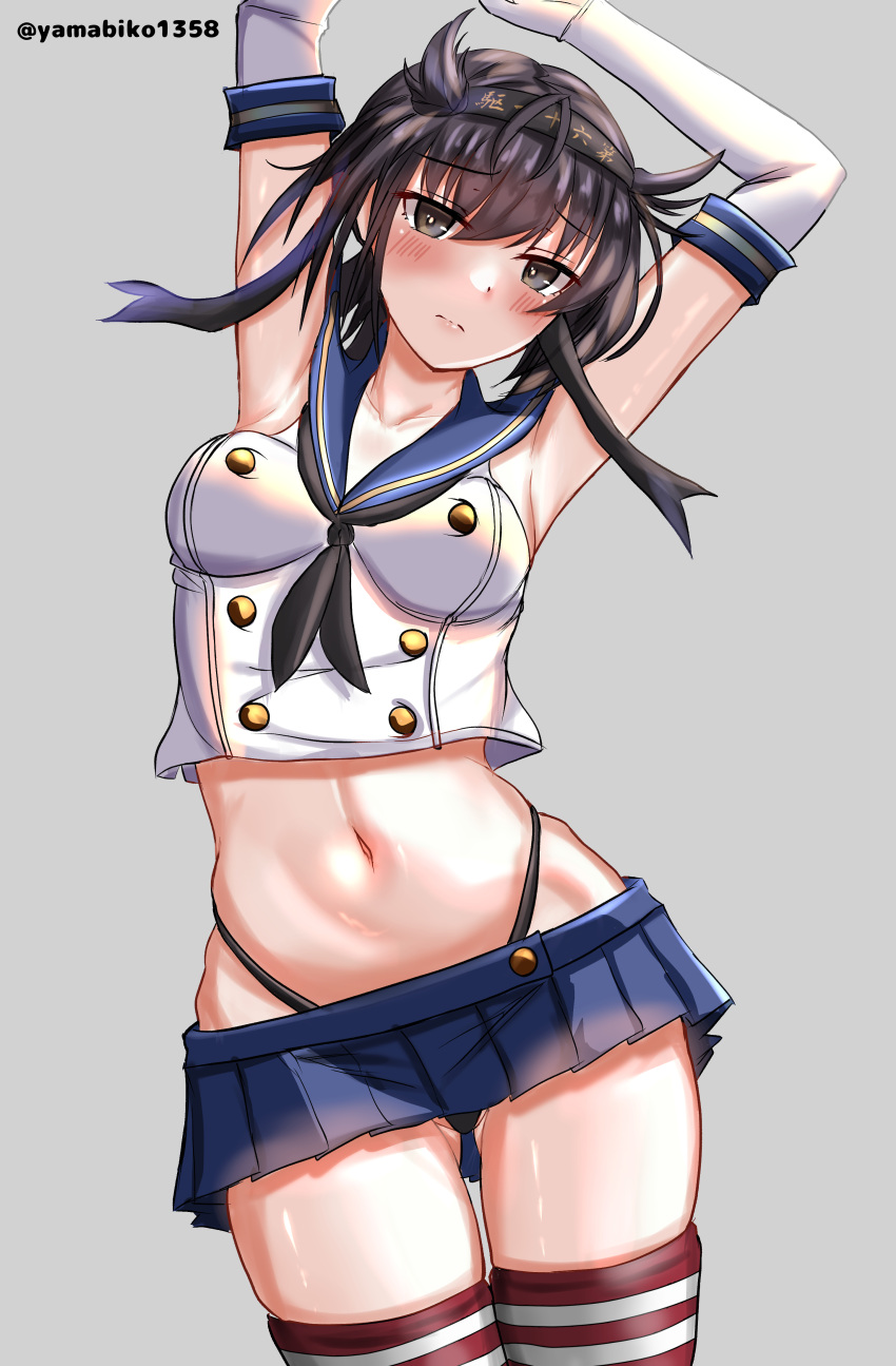 1girl absurdres arms_up ass_visible_through_thighs black_hair black_headband black_neckerchief black_panties blue_sailor_collar blue_skirt breasts cosplay crop_top elbow_gloves gloves grey_eyes hachimaki hair_flaps hatsuzuki_(kancolle) headband highleg highleg_panties highres kantai_collection looking_at_viewer microskirt midriff mizuki_(uzuki_no_sato) navel neckerchief panties pleated_skirt sailor_collar shimakaze_(kancolle) shimakaze_(kancolle)_(cosplay) short_hair skirt small_breasts solo striped_clothes striped_thighhighs thighhighs thong underwear white_gloves