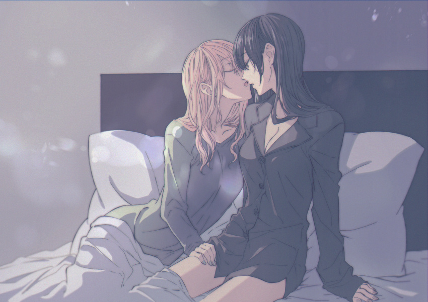 2girls absurdres aihara_mei aihara_yuzu bad_id bad_pixiv_id bed black_hair blonde_hair breasts citrus_(saburouta) cleavage closed_eyes glidesloe hand_on_another's_thigh highres imminent_kiss inseki looking_at_another multiple_girls on_bed pajamas pillow sitting step-siblings step-sisters yuri