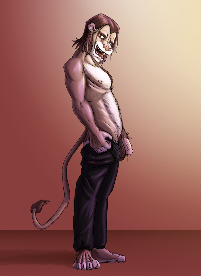 ahjost anthro balls barefoot biceps bodily_fluids body_hair bottomwear bottomwear_down chest_hair clothed clothing feet felid flaccid fuzzy genital_fluids genitals hairy_balls hi_res humanoid leaking leaking_precum lion male mammal muscular muscular_anthro muscular_male pantherine pants pants_down partially_clothed pecs penis precum presenting pubes side_view simple_background smile solo tail tail_tuft tuft