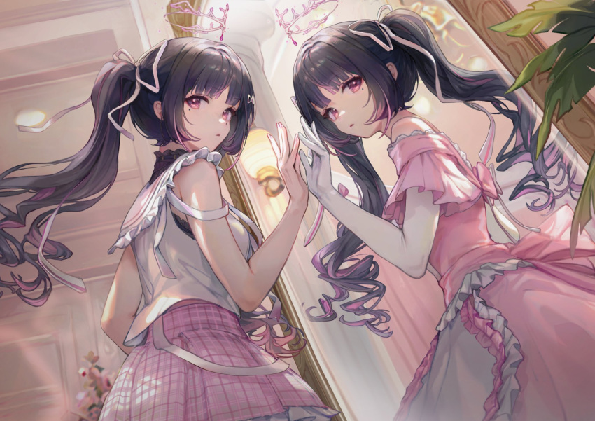 1girl artist_request black_hair bridal_gauntlets cropped_legs curly_hair dress frilled_dress frills hair_ribbon highres himemiya_rie looking_at_viewer mirror mole mole_under_eye multicolored_hair off-shoulder_dress off_shoulder parted_lips phase_connect pink_dress pink_hair pink_skirt plant potted_plant princess reflection ribbon shirt sidelocks skirt streaked_hair twintails virtual_youtuber white_bridal_gauntlets white_ribbon white_shirt