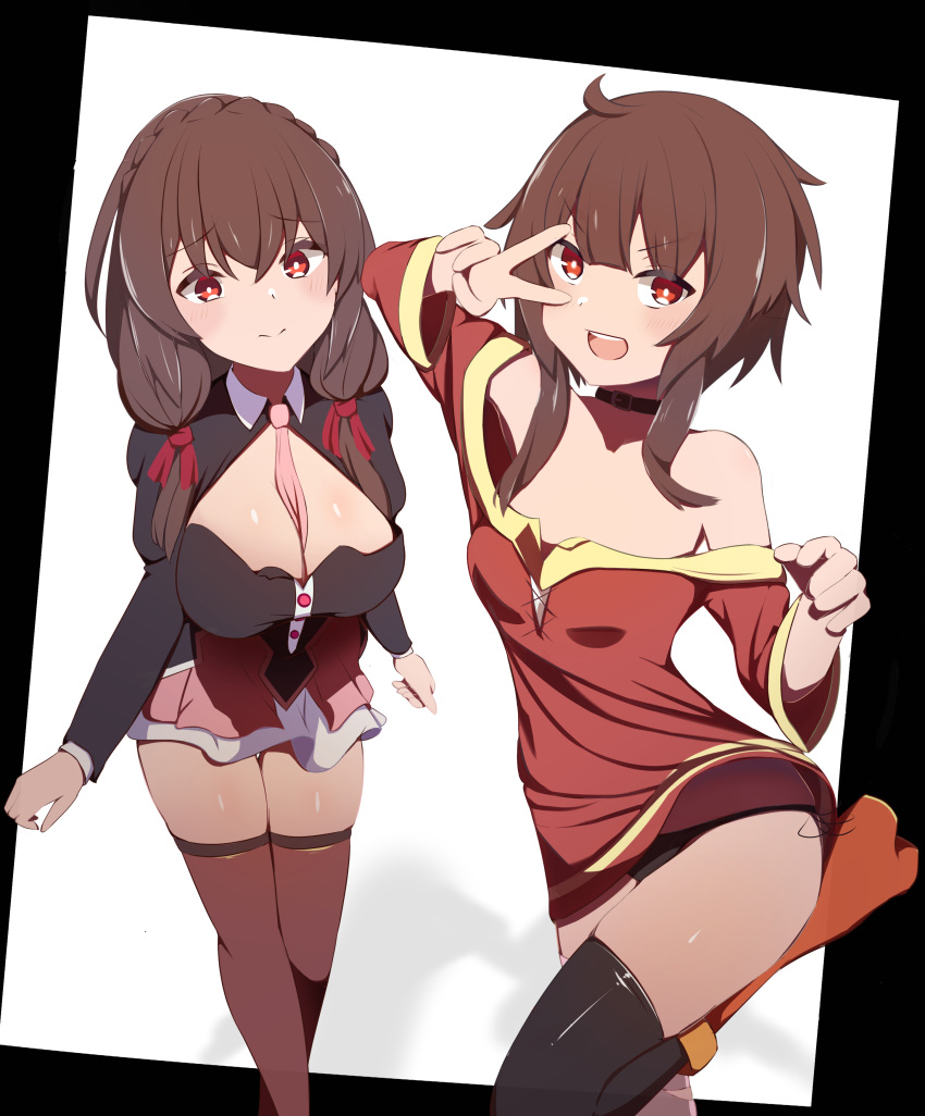 2girls :d absurdres arm_up arms_at_sides between_breasts black_border black_choker black_panties black_shirt black_thighhighs blunt_bangs blush border breasts bright_pupils brown_hair brown_thighhighs choker cleavage cleavage_cutout closed_mouth clothing_cutout commentary crossed_bangs dress feet_out_of_frame foot_out_of_frame frown hair_ribbon hatenamaru highres kono_subarashii_sekai_ni_shukufuku_wo! large_breasts long_hair long_sleeves looking_at_viewer low-tied_long_hair low_twintails megumin multiple_girls necktie necktie_between_breasts no_bra off-shoulder_dress off_shoulder open_mouth panties panty_peek pink_necktie pink_skirt red_dress red_eyes red_ribbon ribbon shirt short_dress short_hair_with_long_locks simple_background skindentation skirt small_breasts smile split_mouth standing standing_on_one_leg teeth thigh_gap thighhighs thighs twintails underwear upper_teeth_only v v_over_eye white_background white_pupils wide_sleeves yunyun_(konosuba) zettai_ryouiki