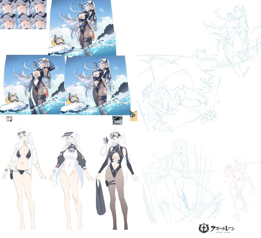 1girl absurdres azur_lane black_one-piece_swimsuit breasts brown_pantyhose diving_mask diving_mask_on_head enterprise_(azur_lane) enterprise_(diving_under_blue_skies)_(azur_lane) goggles goggles_on_head grey_hair highres kurumi_(recycllamo) large_breasts long_hair long_sleeves manjuu_(azur_lane) multiple_views one-piece_swimsuit pantyhose sketch swimsuit torn_clothes torn_pantyhose underboob unzipped very_long_hair wading water