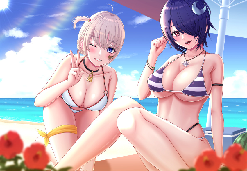 2girls absurdres ahoge aogiri_koukou arm_strap bandaid bandaid_on_cheek bandaid_on_face bare_shoulders beach beach_umbrella bikini black_choker blue_eyes blush bora_(karasumin0) bracelet braid breasts choker cleavage cloud collarbone cooler crescent crescent_hair_ornament flower food fruit hair_ornament hair_over_one_eye highres jewelry large_breasts leg_ribbon multi-strapped_bikini_bottom multiple_girls navel necklace ocean one_side_up ooshiro_mashiro open_mouth otodama_tamako pink_eyes purple_bikini purple_hair red_flower ribbon shore short_hair sky smile star_(symbol) star_necklace striped_bikini striped_clothes sun swimsuit thigh_ribbon umbrella v virtual_youtuber watermelon white_bikini yellow_ribbon