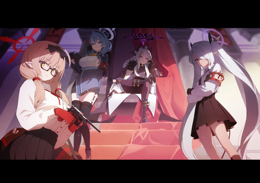 4girls ako_(blue_archive) armband blue_archive boots breasts chinatsu_(blue_archive) crossed_arms demon_horns from_below game_cg garter_straps glasses gun halo handgun highres hina_(blue_archive) horns iori_(blue_archive) letterboxed long_hair mauser_c96 multiple_girls non-web_source official_art one_eye_covered pleated_skirt pointy_ears prefect_team_(blue_archive) school_uniform sideboob skirt socks tail thighhighs throne throne_room very_long_hair weapon