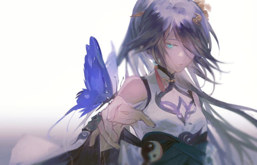 1girl 52hertz animal_on_hand aqua_cape bare_shoulders bird_hair_ornament blue_butterfly blue_eyes blue_hair bug butterfly cape china_dress chinese_clothes cleavage_cutout closed_mouth clothing_cutout dress earrings fu_hua fu_hua_(azure_empyrea) grey_hair hair_ornament hair_over_one_eye hairpin hanfu high_ponytail highres honkai_(series) honkai_impact_3rd jewelry looking_at_viewer paintbrush paintbrush_hair_ornament pleated_sleeves ponytail shoulder_cutout single_earring solo tassel tassel_earrings upper_body white_background white_dress wide_sleeves yin_yang