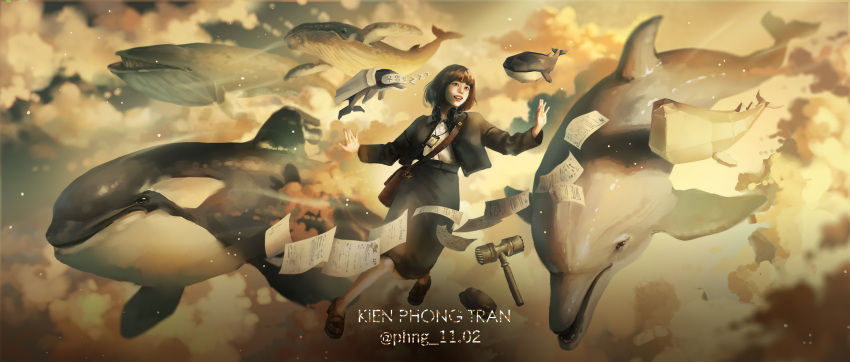 1girl artist_name bag black_hair black_jacket black_skirt blanket brown_hair cloud dolphin english_commentary extraordinary_attorney_woo flying_whale gavel handbag headphones headphones_around_neck highres id_card jacket lanyard long_sleeves low_poly open_mouth orca papers phng_11_02 shoes skirt solo whale woo_young-woo zzz
