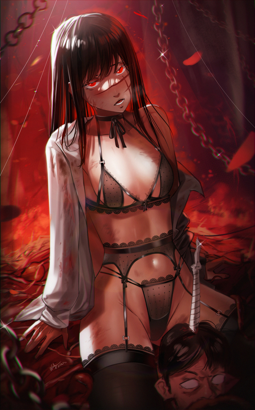 1boy 1girl absurdres black_bra black_garter_belt black_garter_straps black_hair black_panties black_ribbon black_thighhighs blood blood_on_clothes bra breasts chain chainsaw_man collarbone commentary dated english_commentary garter_belt garter_straps highres lingerie long_hair looking_at_viewer neck_ribbon open_clothes open_mouth open_shirt panties polka_dot polka_dot_bra polka_dot_panties red_eyes ribbon ringed_eyes scar scar_on_cheek scar_on_face shirt signature small_breasts solo_focus sweat thighhighs underwear waligner white_shirt yoru_(chainsaw_man)