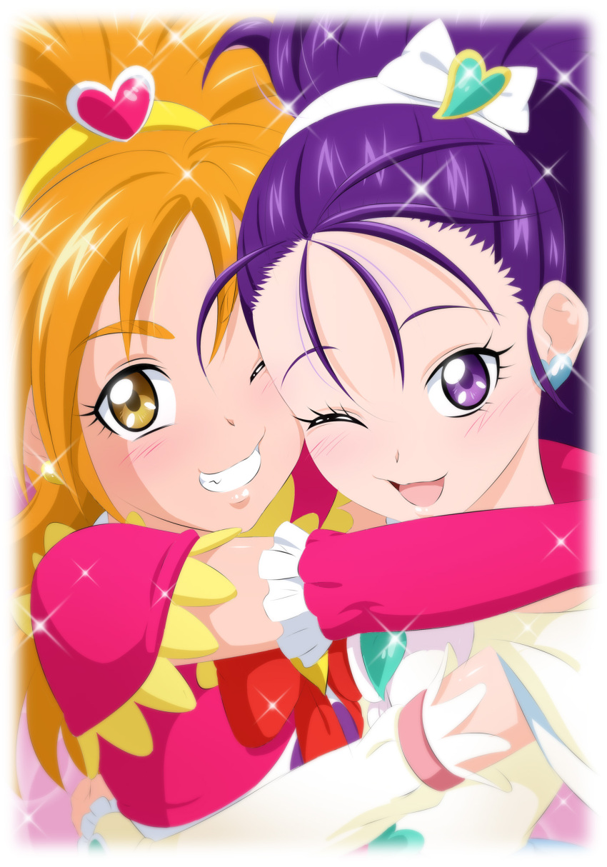 2girls brooch brown_eyes brown_hair cure_bloom cure_egret earrings fuchi_(nightmare) futari_wa_precure_splash_star heart heart_brooch heart_earrings high_ponytail highres hyuuga_saki jewelry long_hair looking_at_viewer magical_girl mishou_mai multiple_girls one_eye_closed open_mouth ponytail precure purple_eyes purple_hair smile upper_body