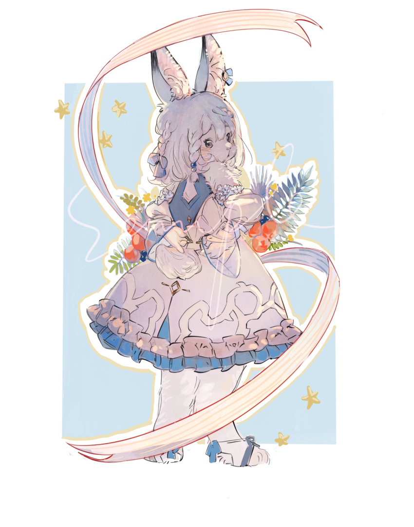 1girl animal_ear_fluff animal_ears arms_behind_back beads blue_background blue_bow blue_dress border bow braid dress frilled_dress frills full_body furry furry_female grey_eyes hair_beads hair_bow hair_ornament highres koubayouniao long_sleeves looking_at_viewer medium_hair original outline outside_border plant puffy_long_sleeves puffy_sleeves rabbit_ears rabbit_girl ribbon sample_watermark side_braid sideways_glance solo standing star_(symbol) two-tone_dress watermark white_border white_dress white_hair white_outline yellow_outline