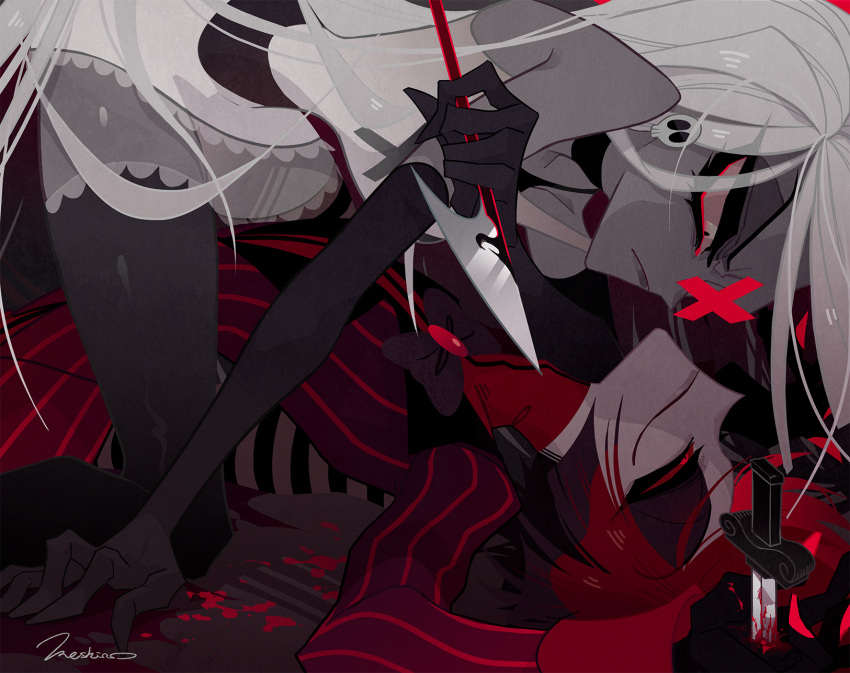 1boy 1girl alastor_(hazbin_hotel) blood colored_sclera commentary_request eye_contact formal glaring grey_eyes grey_hair hazbin_hotel highres holding holding_polearm holding_weapon impaled knife long_hair looking_at_another lying missing_eye on_back on_ground polearm red_eyes red_sclera shamoji_(shimasshu) short_hair smile suit vaggie weapon