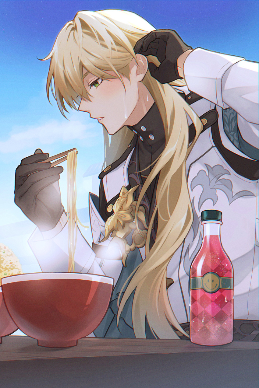 1boy absurdres adjusting_hair aqua_ribbon arm_up black_gloves black_shirt blonde_hair blue_sky blush bottle bowl chopsticks cloud coat commentary_request day eyelashes food gloves green_eyes hair_behind_ear hair_between_eyes hand_up highres holding holding_chopsticks honkai:_star_rail honkai_(series) long_hair long_sleeves luocha_(honkai:_star_rail) male_focus noodles outdoors parted_lips profile ramen ribbon rice shirt sky sleeve_cuffs smiley_face solo steam sweat table turtleneck upper_body white_coat ydm_sushi