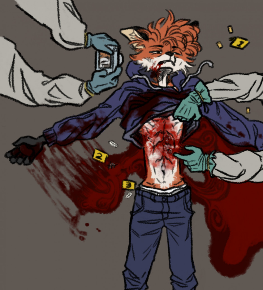 anthro autopsy blood bodily_fluids canid canine corpse death fox gunshot hi_res killing male male/male mammal necrophilia snuff solo wounded zennie