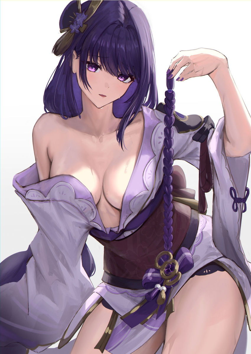 1girl absurdres bakemonsou breasts cleavage commentary_request genshin_impact hair_ornament highres japanese_clothes kimono large_breasts long_hair long_sleeves looking_at_viewer off_shoulder paid_reward_available parted_lips purple_eyes purple_hair purple_kimono raiden_shogun simple_background single_bare_shoulder solo thighs white_background