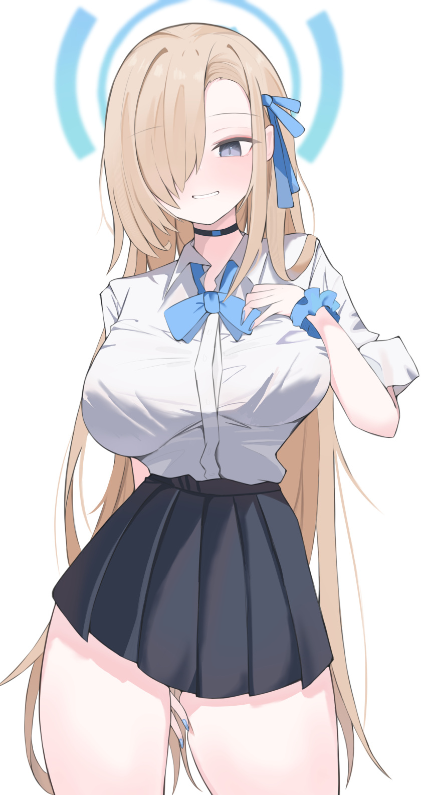 1girl absurdres asuna_(blue_archive) black_choker black_skirt blonde_hair blue_archive blue_bow blue_bowtie blue_eyes blue_halo blue_nails blue_ribbon blue_scrunchie bow bowtie breasts choker commentary_request fingernails hair_over_one_eye hair_ribbon halo highres large_breasts long_hair looking_at_viewer nail_polish nui_(nuinui0300) ribbon scrunchie short_sleeves simple_background skirt smile solo very_long_hair white_background wrist_scrunchie