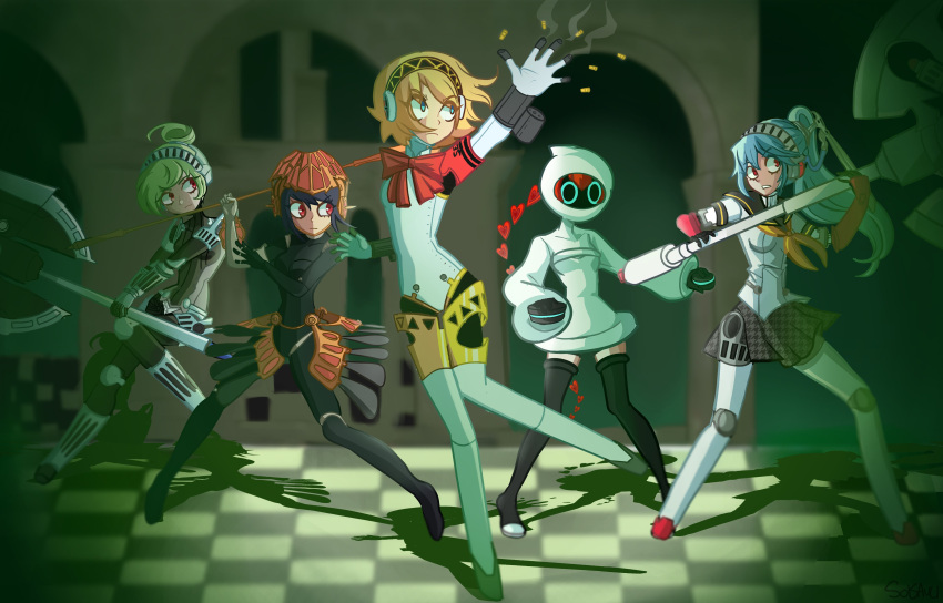 absurdres aegis_(persona) android axe checkered_floor detached_hair highres holding holding_axe hood in-franchise_crossover joints labrys_(persona) metis_(persona) persona persona_3 persona_4 persona_4:_the_ultimate_in_mayonaka_arena persona_5 persona_5_scramble:_the_phantom_strikers ponytail robot_joints school_uniform soisauci sophia_(p5s) unit_#024 yasogami_school_uniform yo-yo
