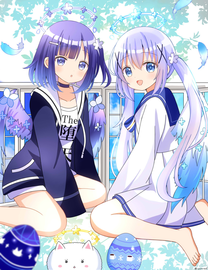 2girls :d :o absurdres barefoot between_legs black_choker black_jacket blue_eyes blue_feathers blue_hair blue_sailor_collar blue_sky blue_wings choker clothes_writing cloud collarbone commentary_request day drawstring egg feathers flower fuiba_fuyu gochuumon_wa_usagi_desu_ka? hair_flower hair_ornament hairclip halo hand_between_legs highres jacket kafuu_chino long_sleeves multiple_girls one_side_up open_clothes open_jacket parted_lips pleated_skirt puffy_long_sleeves puffy_sleeves purple_wings ryoutan sailor_collar shirt skirt sky smile tippy_(gochiusa) twintails twitter_username white_flower white_shirt white_skirt white_wings window wings x_hair_ornament