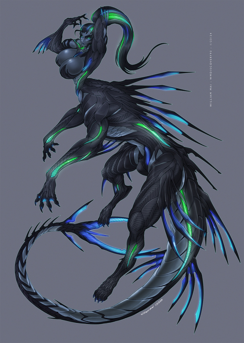 alien arm_fins bioluminescence cybernetics cyborg digital_media_(artwork) fin glowing green_eyes hair hi_res intersex long_hair long_tail machine ponytail science_fiction tail taur wmdiscovery93