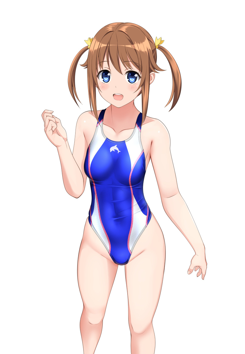 1girl absurdres blue_eyes blue_one-piece_swimsuit brown_hair collarbone commentary_request covered_navel cowboy_shot high_school_fleet highleg highleg_swimsuit highres misaki_akeno one-piece_swimsuit sidelocks simple_background solo swimsuit takafumi twintails two-tone_swimsuit white_background