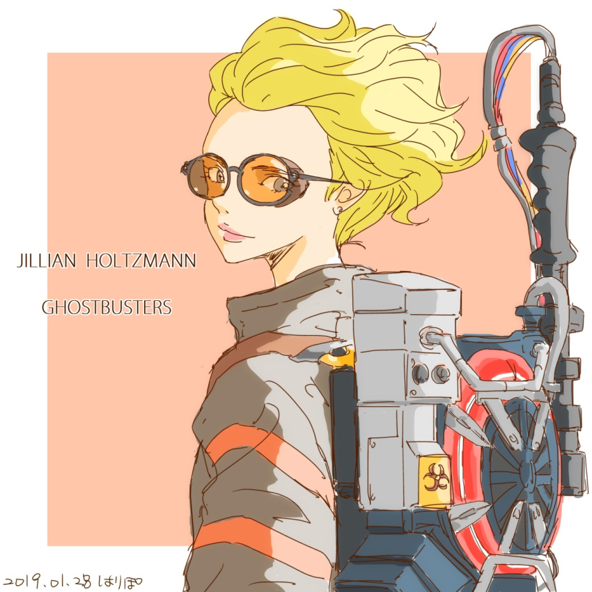 1girl blonde_hair brown_jumpsuit character_name dated from_side ghostbusters ghostbusters_uniform goggles harry_(kamome1398) jillian_holtzmann jumpsuit looking_at_viewer proton_pack signature solo upper_body