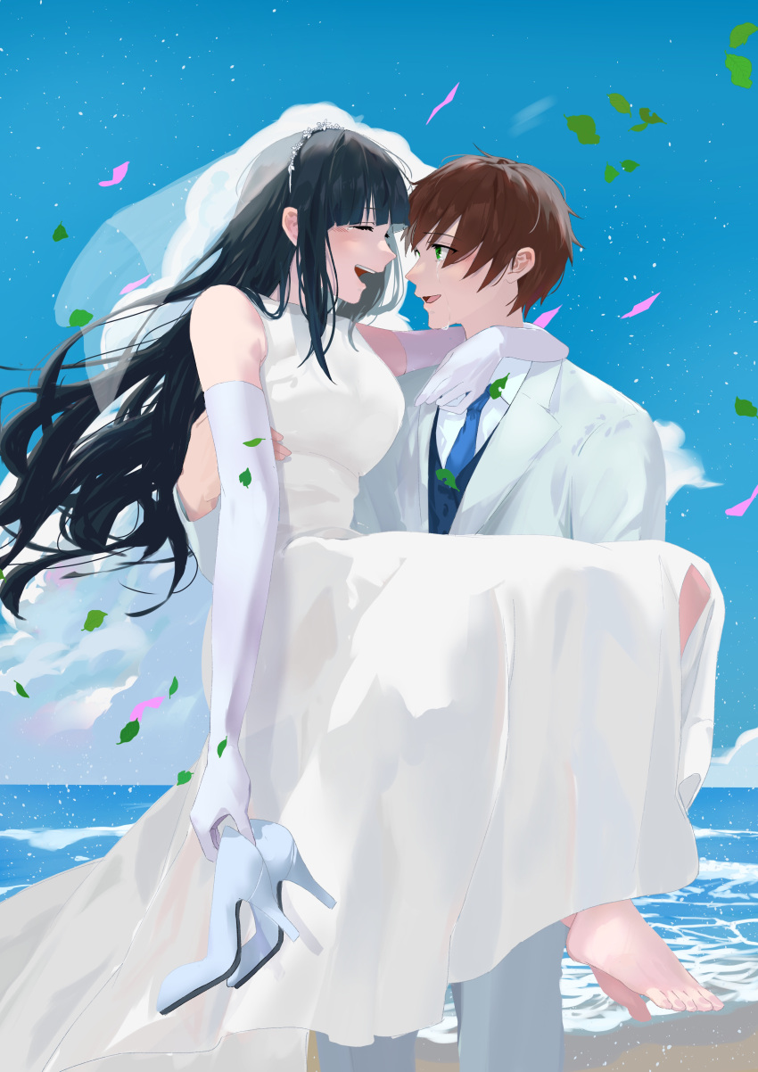 1boy 1girl absurdres arm_around_neck barefoot beach black_hair blue_necktie brown_hair carrying crying day dress elbow_gloves eye_contact gloves green_eyes hetero highres holding holding_shoes kimi_wo_aishita_hitori_no_boku_e long_hair looking_at_another necktie open_mouth outdoors princess_carry qto_toto satou_shiori_(kimiai) shoes short_hair suit takasaki_koyomi unworn_shoes wedding_dress white_dress white_gloves white_suit