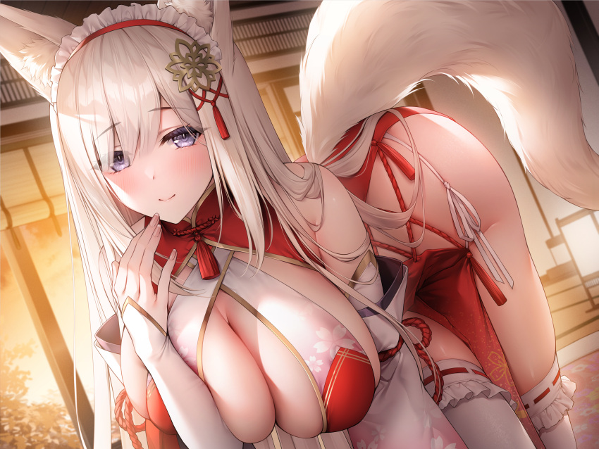 1girl absurdres animal_ears bent_over blurry blurry_background blush breast_press breasts depth_of_field detached_sleeves dress dutch_angle fingernails floral_print fox_ears fox_girl fox_tail frilled_thighhighs frills grey_eyes hair_between_eyes hair_ornament hair_over_one_eye hair_over_shoulder hand_to_own_mouth highres huge_breasts indoors long_hair long_sleeves looking_at_viewer maid_headdress original oyuwari panties side-tie_panties side_slit skindentation smile solo standing tail tassel thighhighs underwear white_hair white_panties white_thighhighs