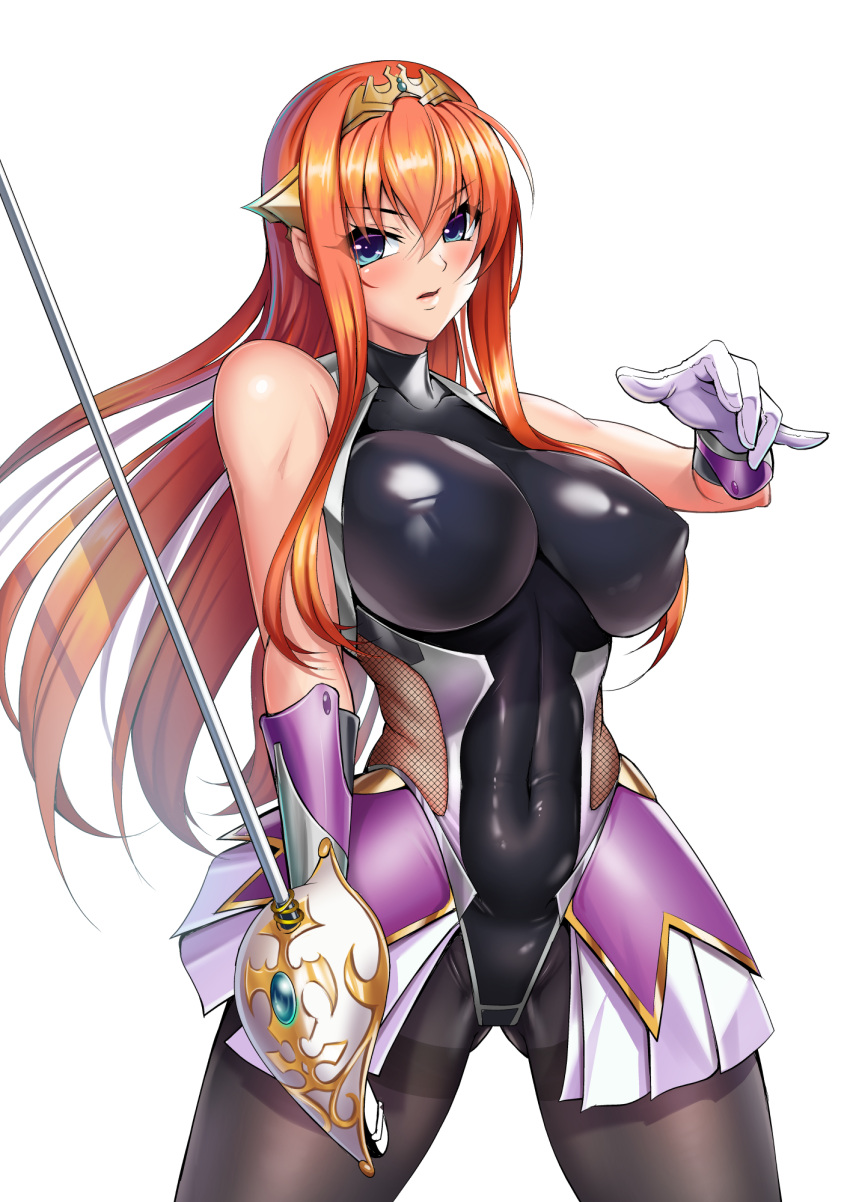 1girl ass_visible_through_thighs bare_shoulders black_leotard black_pantyhose blue_eyes breasts commentary_request covered_nipples drawperson elbow_gloves fighting_stance gloves hair_between_eyes highleg highleg_leotard highres holding holding_sword holding_weapon impossible_clothes impossible_leotard kangoku_senkan_2 large_breasts leotard long_hair looking_at_viewer maya_cordelia miniskirt open_mouth orange_hair pantyhose pleated_skirt rapier skirt sleeveless_turtleneck_leotard solo sword taimanin_suit thighband_pantyhose tiara weapon white_background white_gloves white_skirt