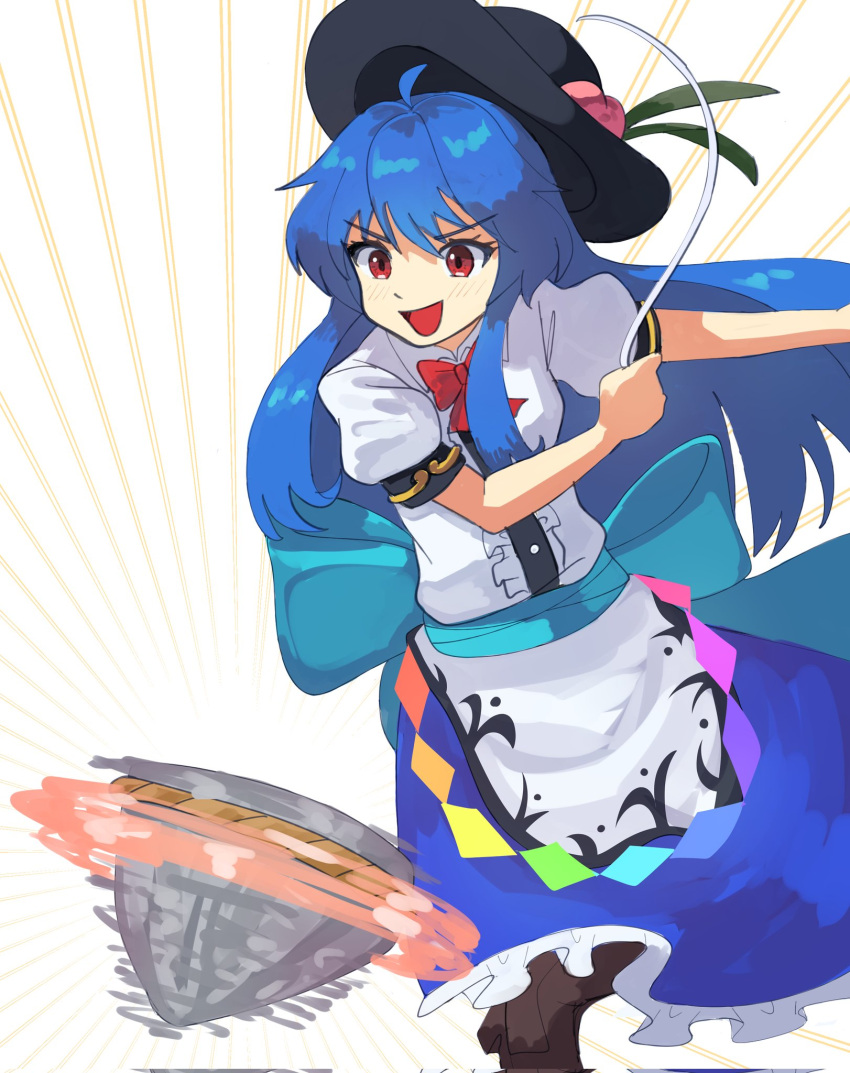 1girl :d ahoge apron back_bow black_headwear blue_bow blue_hair bow bowtie brown_footwear center_frills collared_shirt commentary_request frilled_skirt frills fruit_hat_ornament hat highres hinanawi_tenshi keystone leaf long_hair peach_hat_ornament plus2sf puffy_short_sleeves puffy_sleeves rainbow_gradient rainbow_order red_bow red_bowtie red_eyes shirt short_sleeves simple_background skirt smile solo touhou v-shaped_eyebrows very_long_hair waist_bow white_apron white_background