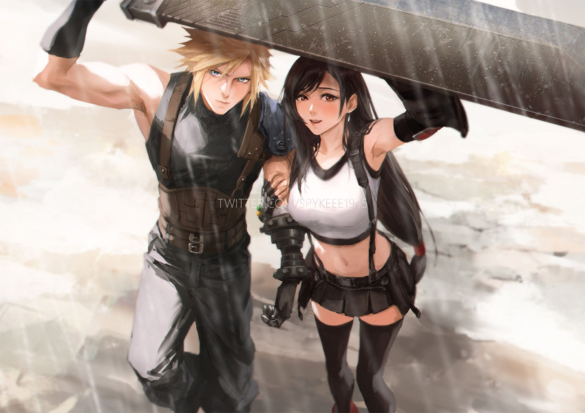 1boy 1girl arm_up armor armpits baggy_pants bare_shoulders belt belt_buckle black_gloves black_hair black_skirt black_sports_bra black_thighhighs blonde_hair blue_eyes blush breasts buckle buster_sword closed_mouth cloud_strife couple crop_top earrings elbow_gloves feet_out_of_frame final_fantasy final_fantasy_vii final_fantasy_vii_rebirth final_fantasy_vii_remake fingerless_gloves from_above gloves hand_on_another's_arm highres holding holding_another's_arm holding_sword holding_weapon huge_weapon jewelry large_breasts long_hair looking_at_viewer looking_up low-tied_long_hair materia midriff multiple_belts navel open_mouth outdoors pants rain red_eyes red_footwear short_hair shoulder_armor single_arm_guard single_bare_shoulder single_earring single_sidelock skirt sleeveless sleeveless_turtleneck spiked_hair sports_bra spykeee standing suspender_skirt suspenders sweater swept_bangs sword tank_top thighhighs tifa_lockhart turtleneck turtleneck_sweater twitter_username very_long_hair watermark weapon white_tank_top zettai_ryouiki