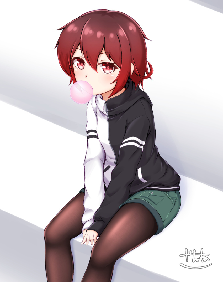 1girl black_jacket black_pantyhose blush chewing_gum feet_out_of_frame green_shorts hair_between_eyes highres jacket kantai_collection long_sleeves looking_at_viewer multicolored_clothes multicolored_jacket mutsuki_(kancolle) pantyhose red_eyes red_hair short_hair shorts signature sitting solo two-tone_jacket white_jacket zanne