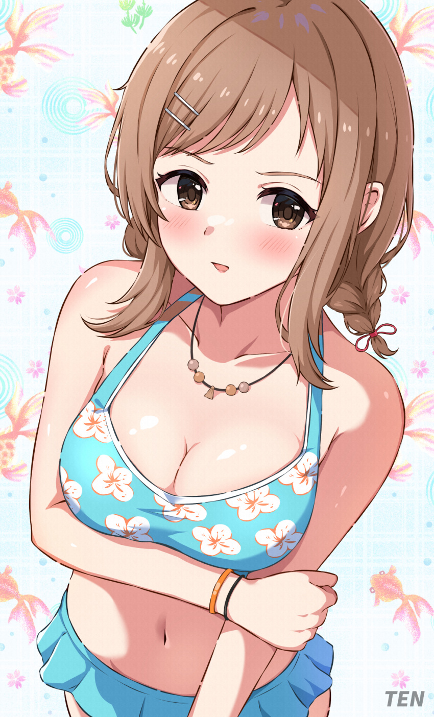 1girl anime_coloring artist_name bikini blue_bikini blush breasts brown_eyes brown_hair cleavage collarbone fish_background floral_print hair_ornament hairclip highres idolmaster idolmaster_shiny_colors jewelry large_breasts navel necklace parted_lips print_bikini sakuragi_mano solo standing swimsuit tenpa_(tenpa2190) watermark