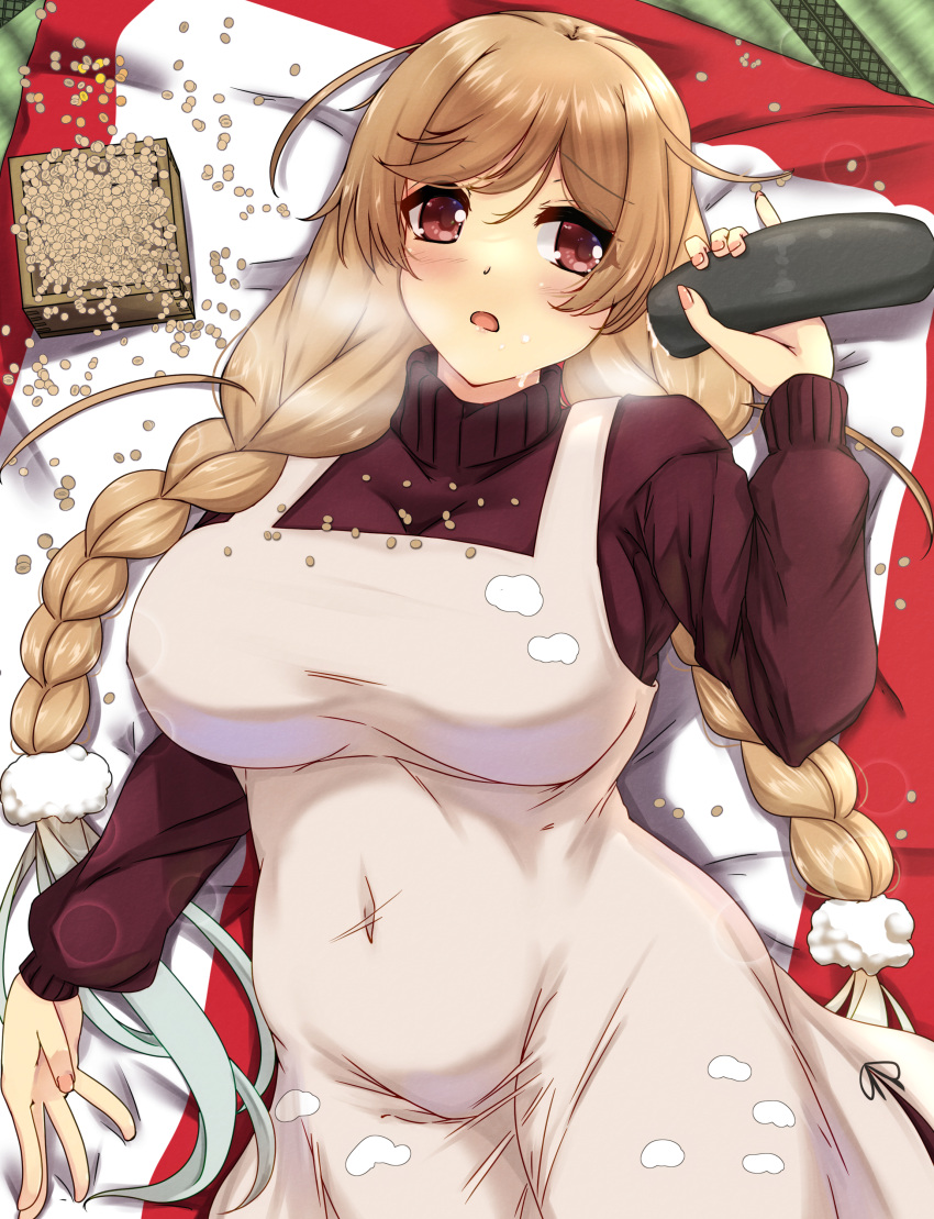 1girl absurdres braid breasts cloud_hair_ornament covered_navel ehoumaki food gradient_hair highres kantai_collection large_breasts light_brown_hair long_hair long_sleeves low_twin_braids lying makizushi mamemaki minegumo_(kancolle) multicolored_hair official_alternate_costume on_back red_eyes red_sweater setsubun sexually_suggestive shigatsu_(soratobuusagi) solo sushi sweater turtleneck turtleneck_sweater twin_braids