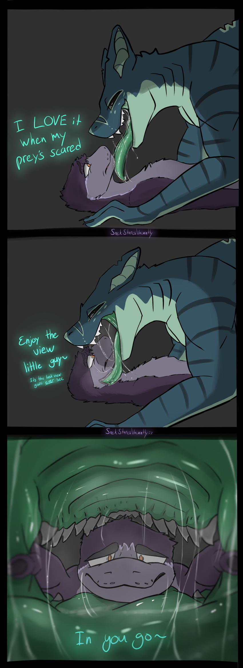 absurd_res big_dom_small_sub black_sclera bodily_fluids breath comic comic_panel dialogue dominant dripping duo ears_down ears_up fish fur furred_shark furred_snake gills glowing_text green_tongue head_in_mouth hi_res imminent_vore larger_pred licking male male/male marine markings mouth_shot open_mouth pivoted_ears predator/prey questionable_consent reptile saliva saliva_drip saliva_on_tongue saliva_string scalie scared shark shark_fin size_difference smaller_prey snake snek_stares_vacantly struggling struggling_prey teeth tongue tongue_out vore