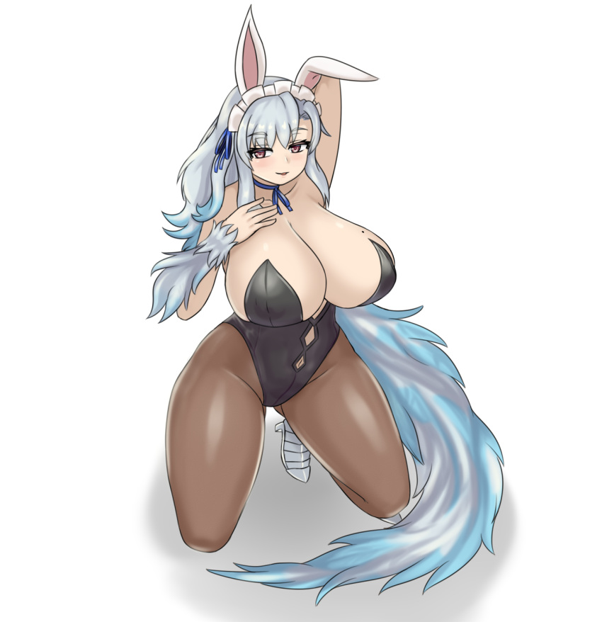 1girl animal_ears arm_behind_head arm_up ass_visible_through_thighs bangs bare_legs bare_shoulders blue_hair blue_neckwear blue_ribbon borrowed_character breasts bunny_ears collarbone commentary commission english_commentary eyebrows_visible_through_hair gradient_hair grey_hair hand_on_own_chest high_heels highres huge_breasts kikimora_(monster_girl_encyclopedia) long_hair looking_at_viewer maid_headdress mole mole_on_breast monster_girl monster_girl_encyclopedia multicolored_hair nav navel neck_ribbon original pink_eyes ribbon simple_background solo tail white_background