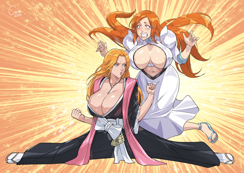 2girls absurdres areola_slip bleach blonde_hair breasts cirenk feet highres huge_breasts inoue_orihime jewelry long_hair matsumoto_rangiku mole mole_under_mouth multiple_girls necklace orange_hair punching sandals teeth toenails toes