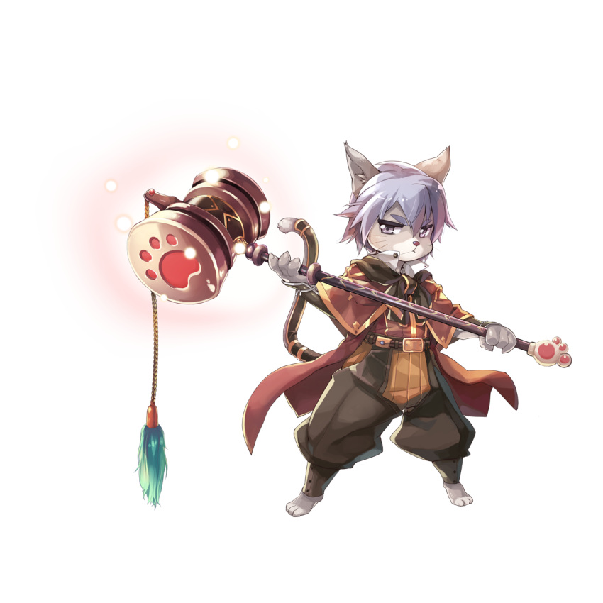 1boy animal_ear_fluff animal_ears barefoot belt brown_belt brown_capelet brown_pants brown_shirt capelet cat_boy cat_ears cat_tail closed_mouth frown full_body furry furry_male gold_trim grey_eyes grey_hair hair_between_eyes hammer highres holding holding_hammer leona_(pixiv) looking_at_viewer male_focus medium_bangs official_art pants paw_print ragnarok_online shirt short_hair simple_background solo standing summoner_(ragnarok_online) tachi-e tail tail_around_own_leg transparent_background v-shaped_eyebrows vambraces