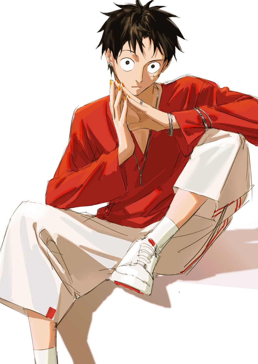 1boy absurdres black_eyes black_hair bracelet commentary earrings english_commentary foot_out_of_frame highres invisible_chair jewelry looking_at_viewer male_focus monkey_d._luffy nail_polish necklace one_piece qinyu0314 raised_eyebrow scar scar_on_cheek scar_on_face shadow shoes short_hair simple_background sitting sneakers solo white_background