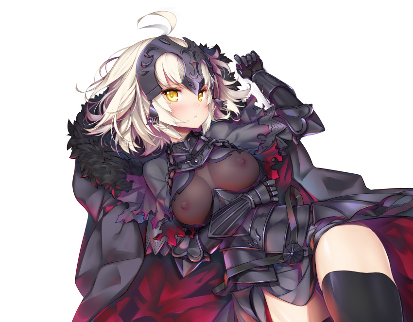 armor blush breasts fate/grand_order fate_(series) hong_(white_spider) jeanne_d'arc_(fate) jeanne_d'arc_alter nipples no_bra see_through thighhighs white yellow_eyes