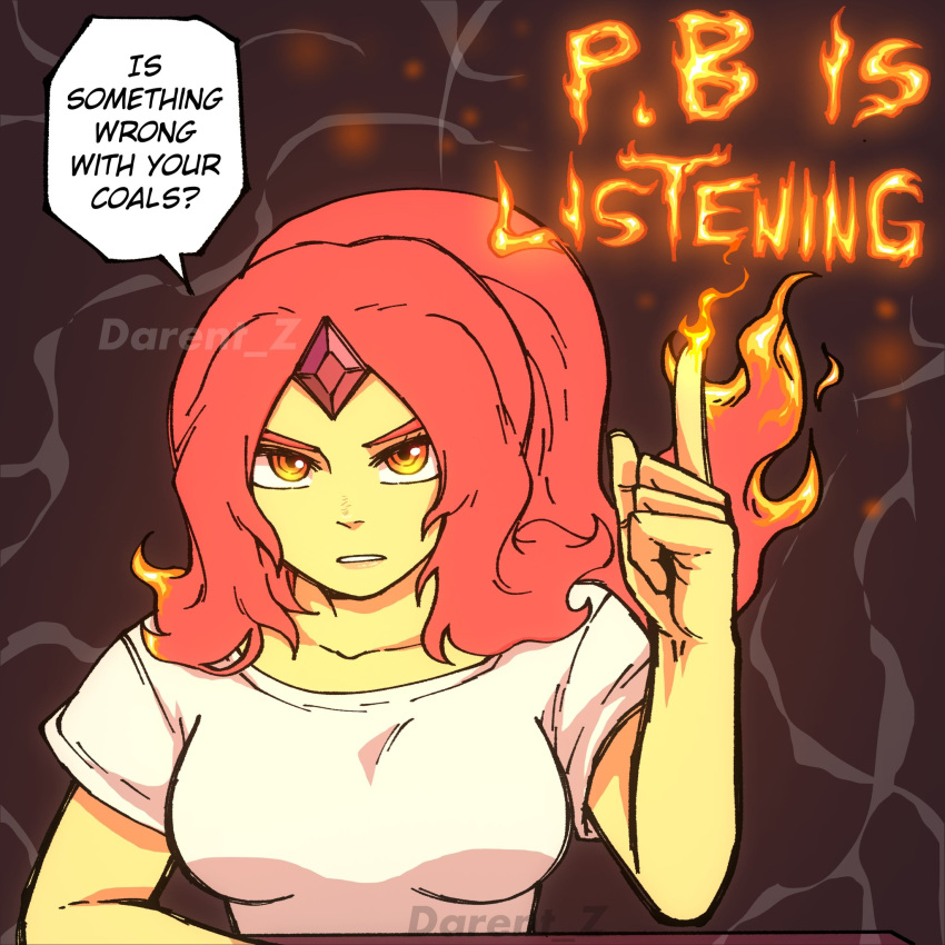1girl adventure_time artist_name chainsaw_man colored_skin commentary darent_z english_commentary english_text fiery_hair fire flame_princess forehead_jewel highres long_hair looking_at_viewer orange_eyes parted_lips pointing pointing_up pyrokinesis red_hair serious shirt short_sleeves simple_background solo speech_bubble watermark white_shirt yellow_skin