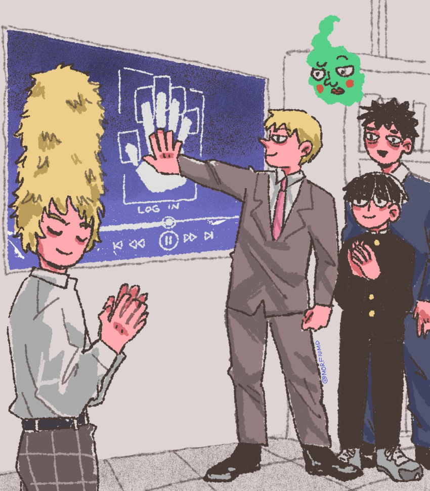 4boys black_footwear blonde_hair character_request closed_eyes collared_shirt commentary ekubo_(mob_psycho_100) english_commentary grey_jacket grey_pants hanazawa_teruki hand_scanner_video_fail_(meme) highres jacket kageyama_shigeo long_sleeves looking_at_another meme mob_psycho_100 monitor morfiumd multiple_boys necktie pants pause_button photo-referenced pink_necktie plaid plaid_pants reigen_arataka school_uniform shirt shoes standing white_shirt