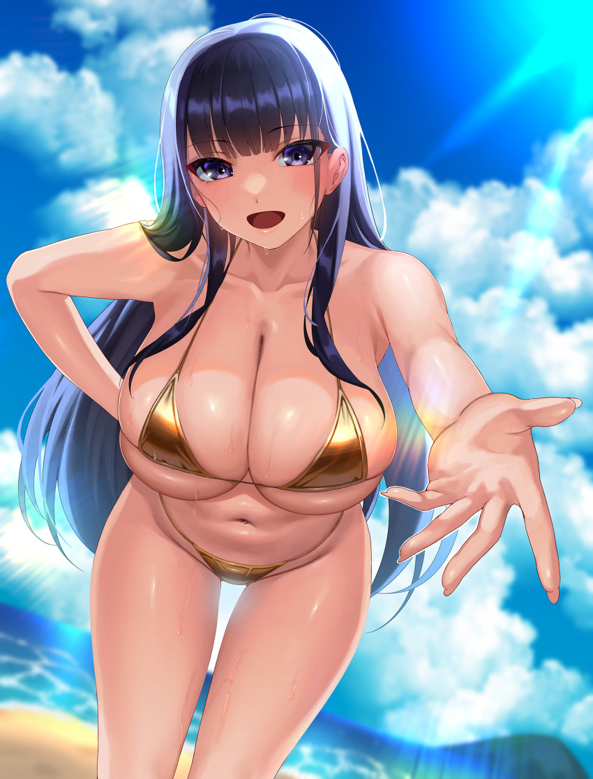 1girl bare_shoulders beach bikini blue_sky blush breasts cleavage collarbone commission gold_bikini highres kisaragi_tsurugi large_breasts leaning_forward long_hair looking_at_viewer navel open_mouth original outstretched_arm pixiv_commission purple_eyes purple_hair shore sky smile solo swimsuit thighs