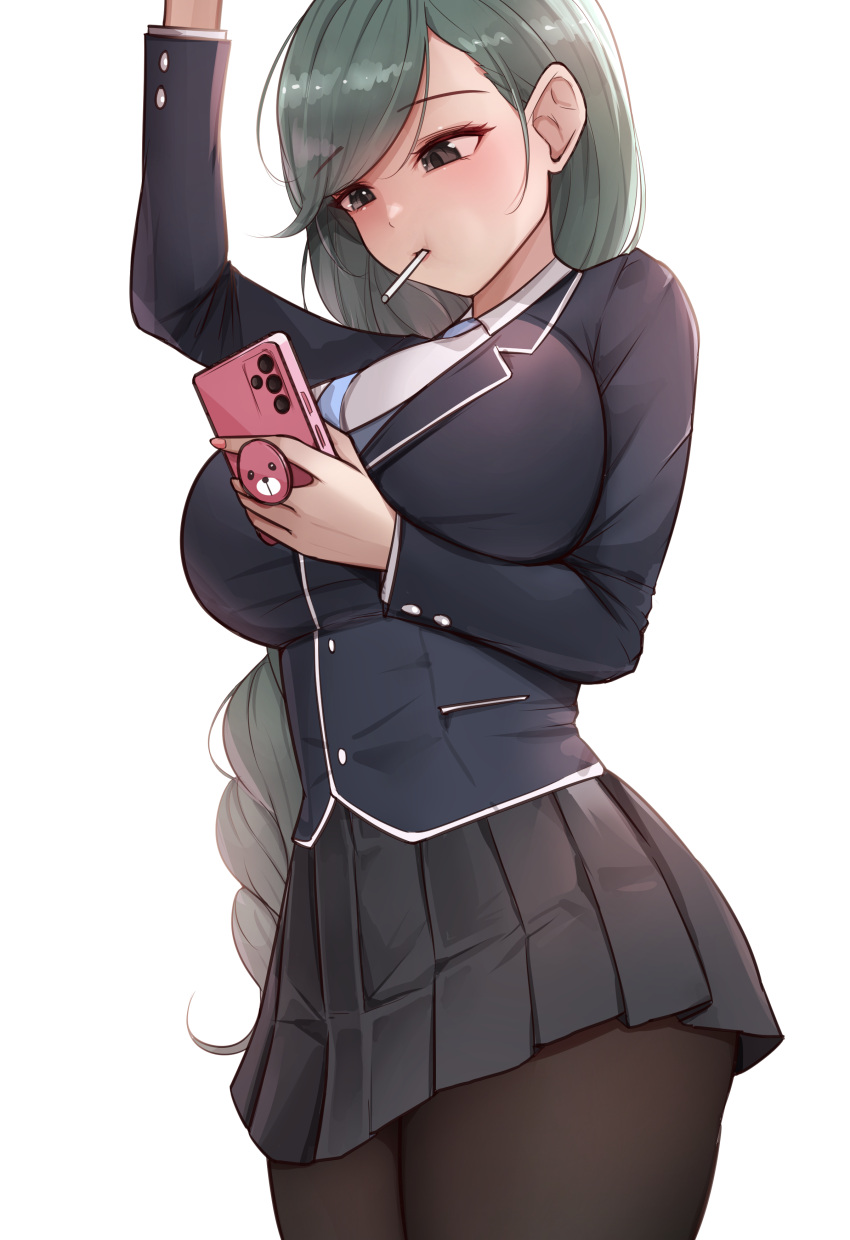 1girl absurdres arm_up backlighting black_eyes black_jacket black_pantyhose black_skirt breasts cellphone cheonju expressionless green_hair hair_behind_ear highres holding holding_phone jacket large_breasts long_hair looking_down mouth_hold original pantyhose phone pleated_skirt school_uniform simple_background skirt smartphone solo swept_bangs very_long_hair white_background