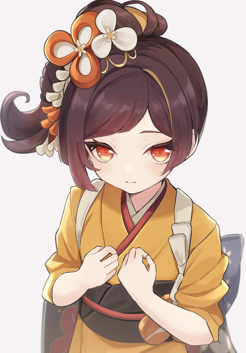 1girl aged_down black_sash brown_hair chiori_(genshin_impact) commentary_request genshin_impact highres japanese_clothes kimono looking_at_viewer obi orange_eyes sash short_hair side_ponytail solo tasuki upper_body ura_(hamburg_oniku) yellow_kimono