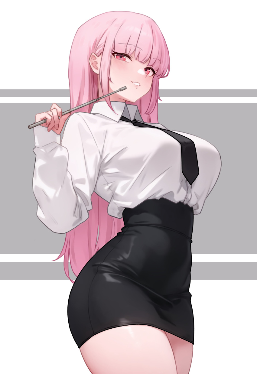 1girl absurdres bluefield blush breasts high-waist_skirt highres hololive hololive_english large_breasts long_hair looking_at_viewer mori_calliope necktie open_mouth pencil_skirt pink_eyes pink_hair pointer shirt skirt smile solo teacher virtual_youtuber