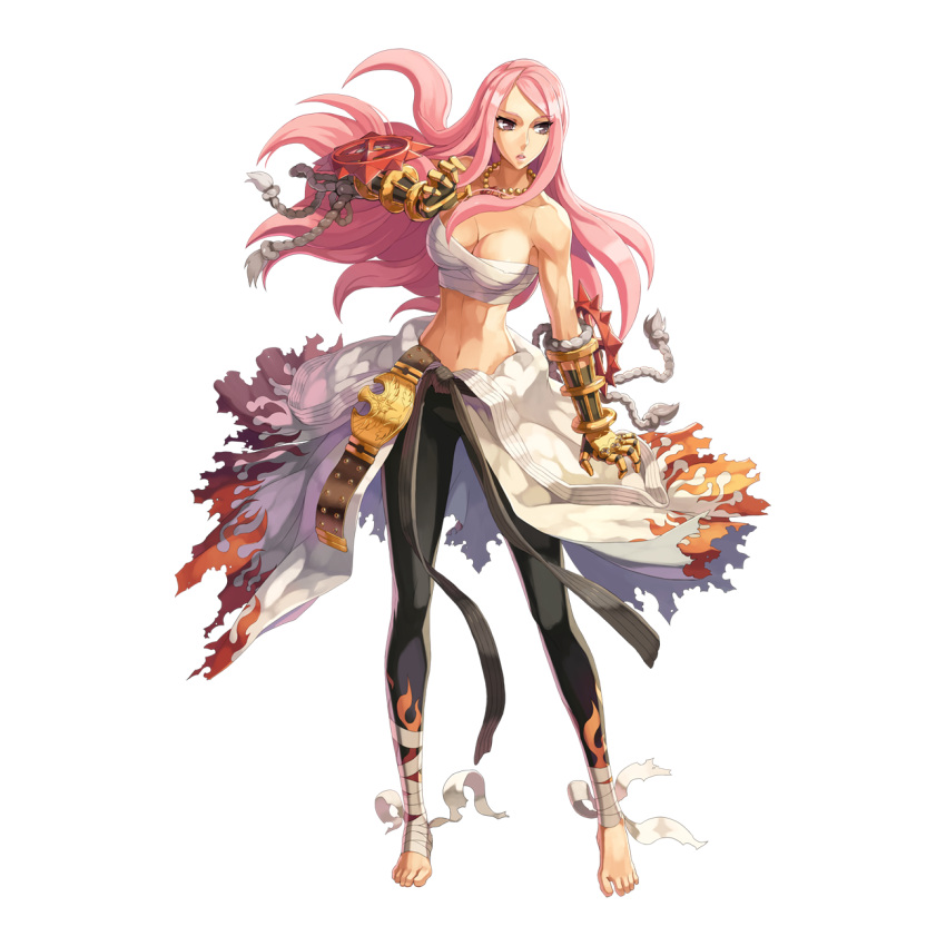 1girl belt black_belt black_gloves black_pants breasts brown_eyes championship_belt cleavage clothes_around_waist flame_print floating_hair foot_wraps full_body gauntlets gloves highres jewelry leona_(pixiv) looking_afar looking_to_the_side medium_breasts necklace official_art open_mouth pants pink_hair ragnarok_online sarashi shirt shirt_around_waist simple_background solo standing sura_(ragnarok_online) tachi-e toned transparent_background white_shirt